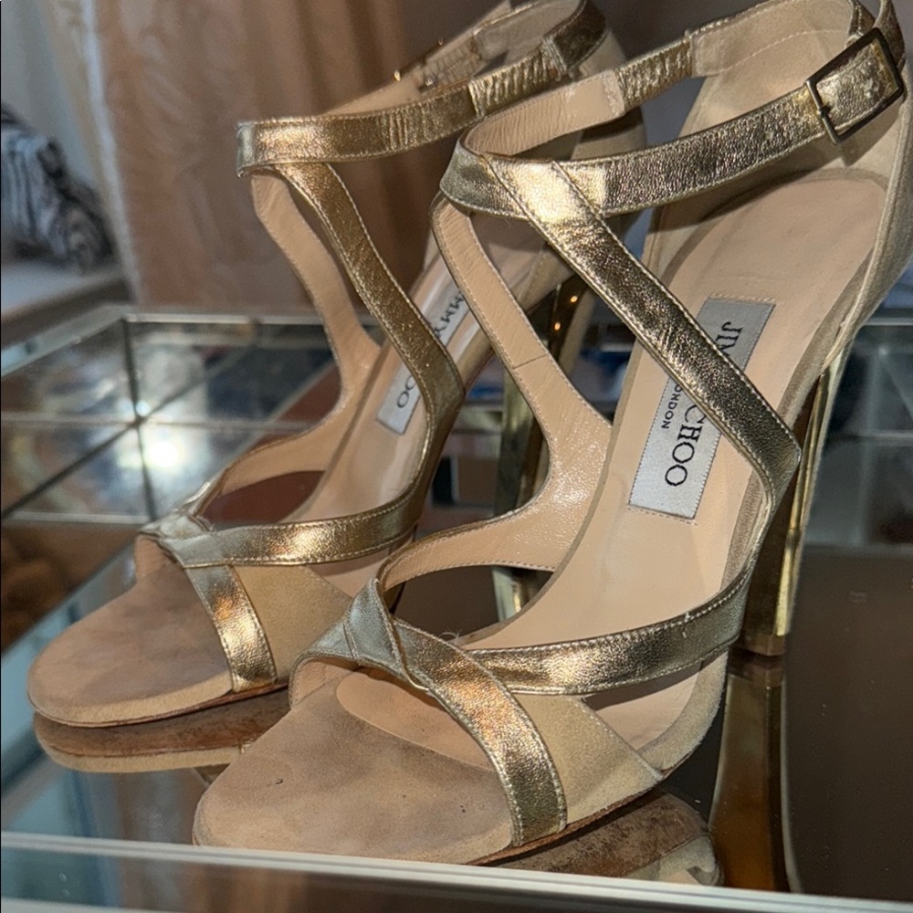 Jimmy Choo Champagne Gold Stiletto Heels with Strappy Design